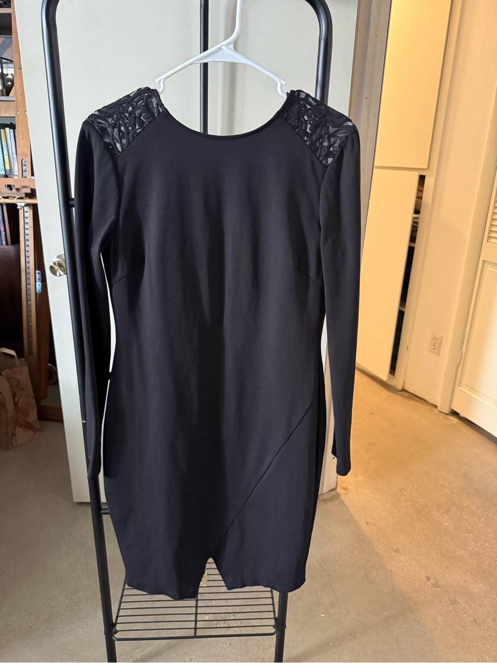 Ted Baker Black Long-Sleeve Sheath Dress with Lace Shoulder Panels